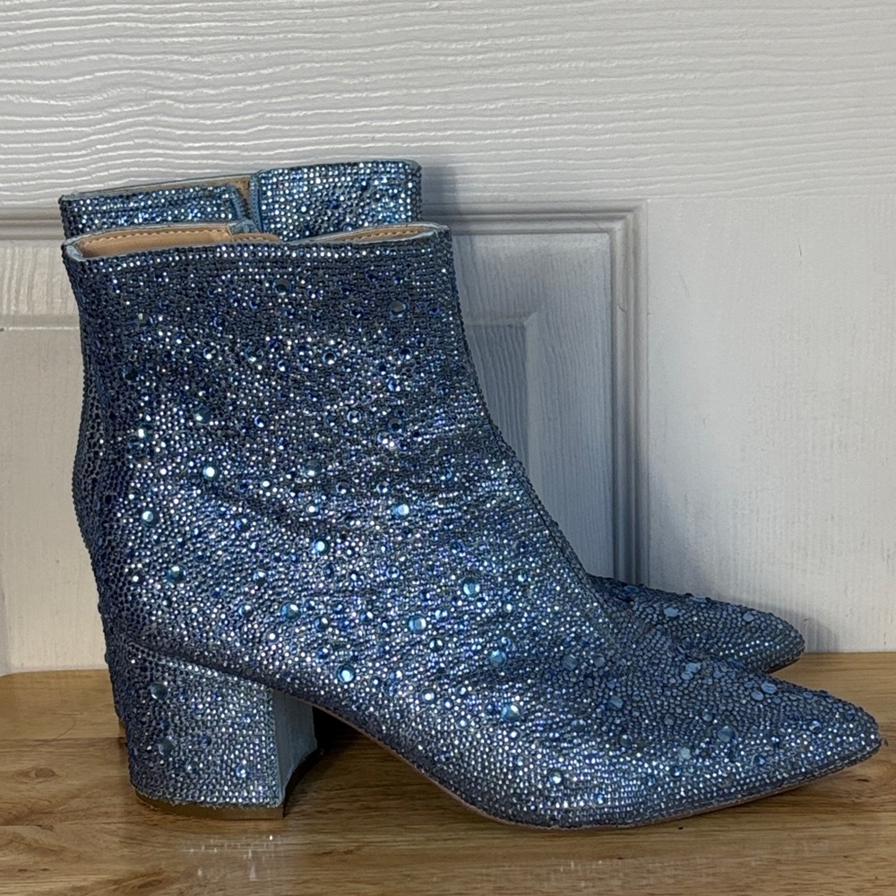 Betsey Johnson Kyla Glass Stone Blue Embellished Ankle western Boots Size 8 - Picture 2 of 9